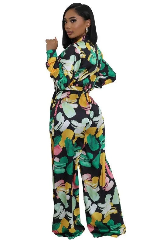✨ Chic Belted Wide-Leg Jumpsuit – Elegant V-Neck Long Sleeve One-Piece Outfit ✨