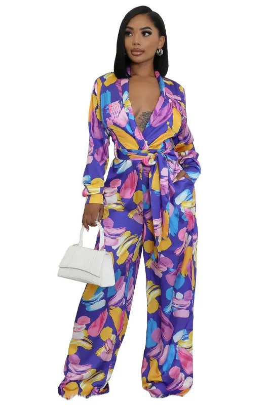 ✨ Chic Belted Wide-Leg Jumpsuit – Elegant V-Neck Long Sleeve One-Piece Outfit ✨
