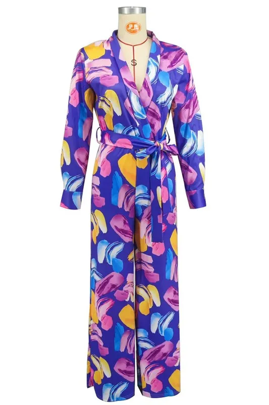 ✨ Chic Belted Wide-Leg Jumpsuit – Elegant V-Neck Long Sleeve One-Piece Outfit ✨