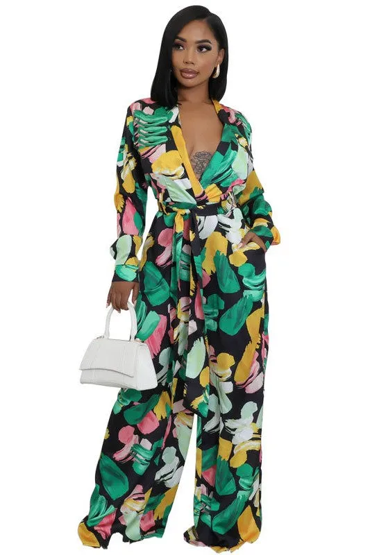 ✨ Chic Belted Wide-Leg Jumpsuit – Elegant V-Neck Long Sleeve One-Piece Outfit ✨