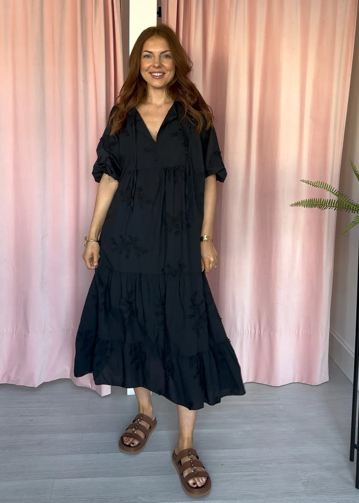 Appliqué Midi Dress - Black