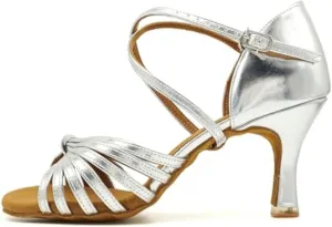 BDdance Women's Latin Dance Shoes, Patent Leather, 3 Inch Heel, Strappy Sandals, Salsa Jazz Tango #2398 Silver, 5-8
