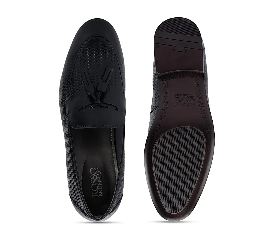 Black Textured Leather Loafers With Tassels
