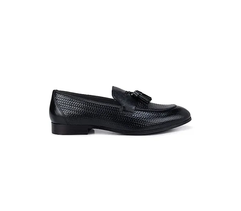 Black Textured Leather Loafers With Tassels