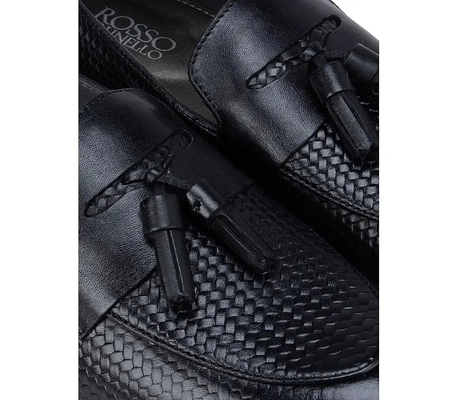 Black Textured Leather Loafers With Tassels