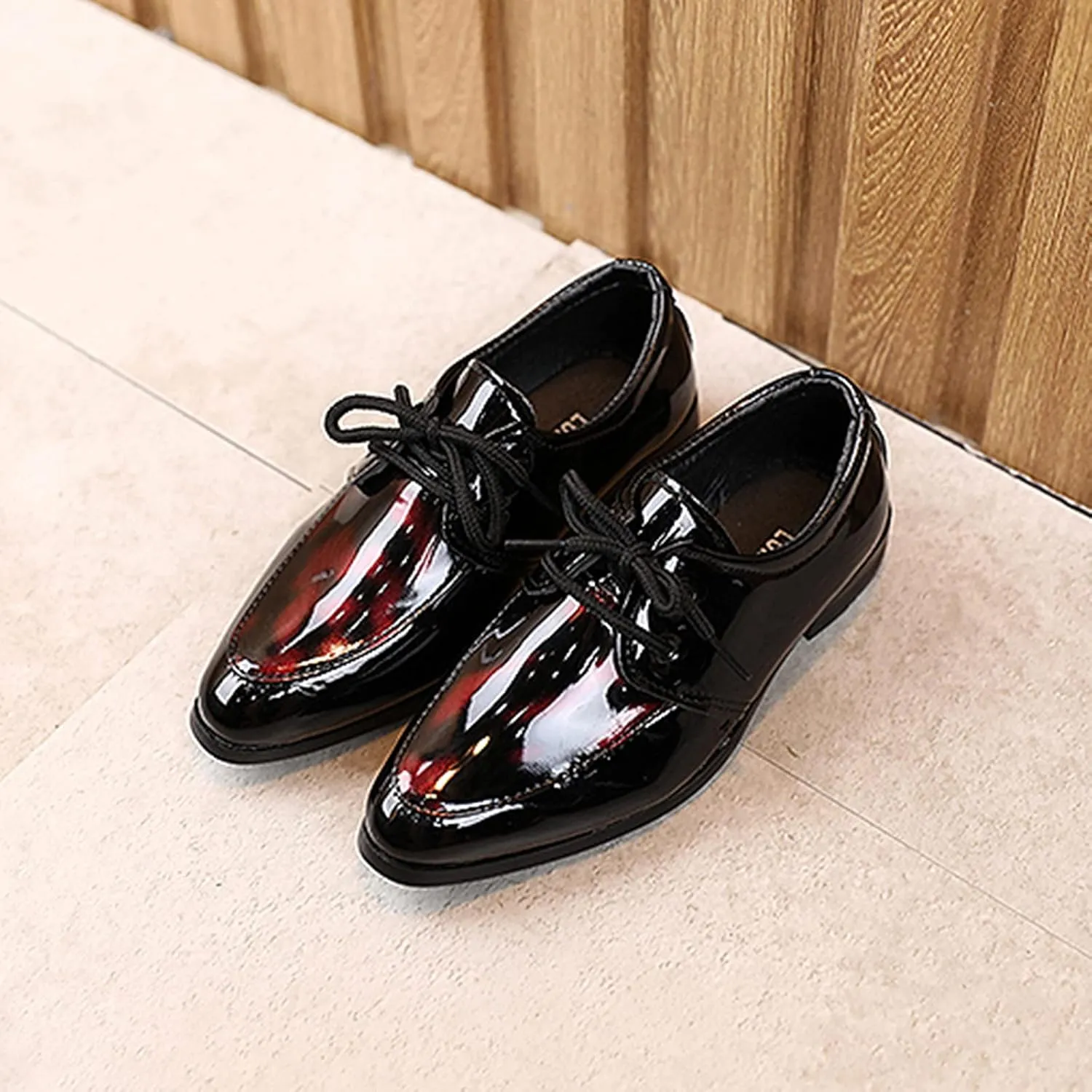 Boys Girls Paten Leather Low Heels Vintage xfords Lace Up Pointed Toe Flat Retro Dress Shoes Baby Sandals Girl