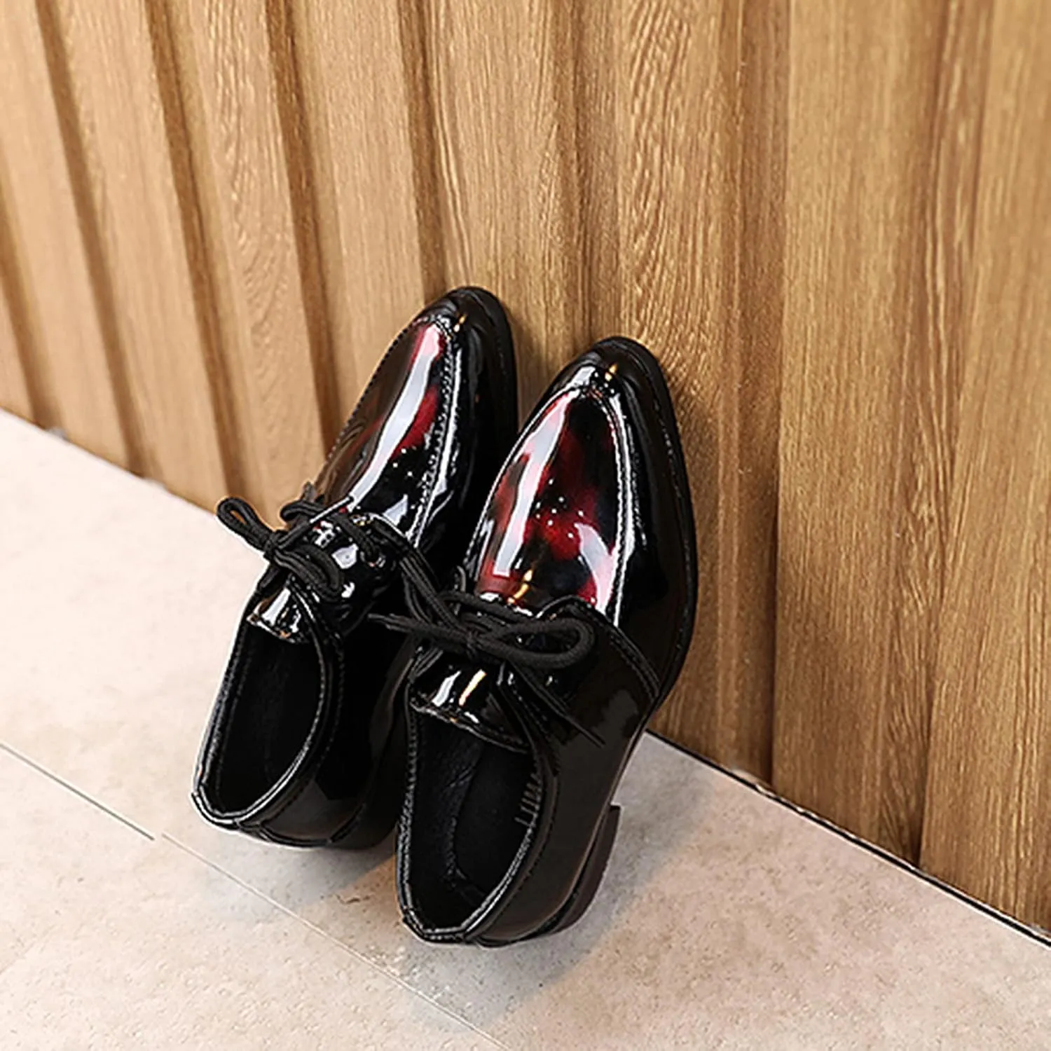 Boys Girls Paten Leather Low Heels Vintage xfords Lace Up Pointed Toe Flat Retro Dress Shoes Baby Sandals Girl