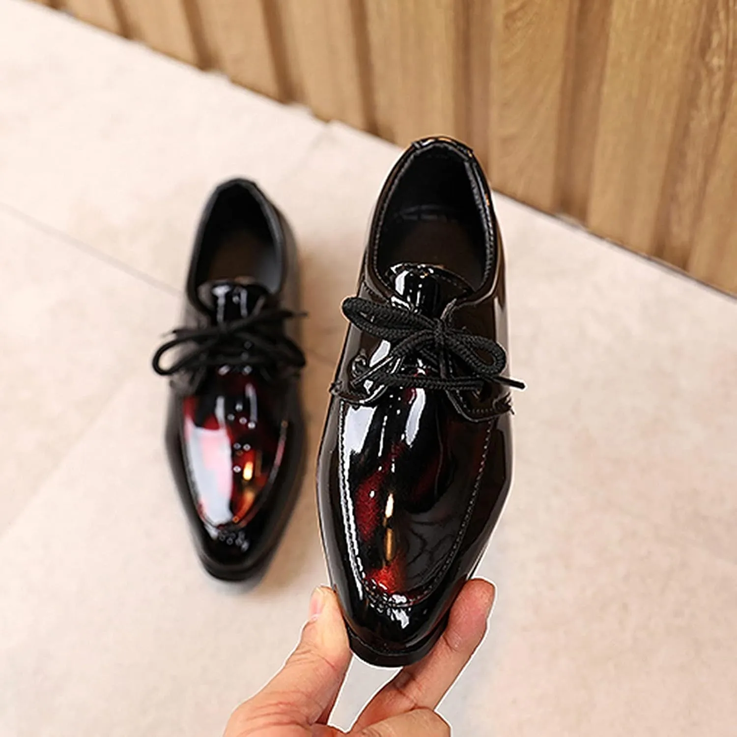 Boys Girls Paten Leather Low Heels Vintage xfords Lace Up Pointed Toe Flat Retro Dress Shoes Baby Sandals Girl