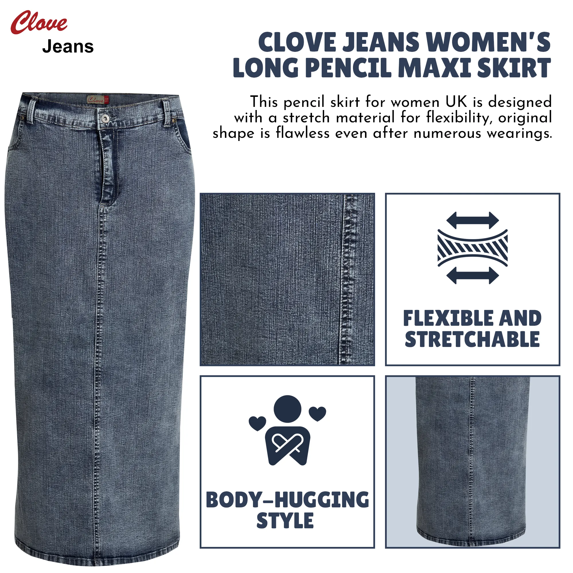 Clove Jeans Women's Maxi Skirts Long Stretch Denim Plus Size Pencil Skirt 12-24