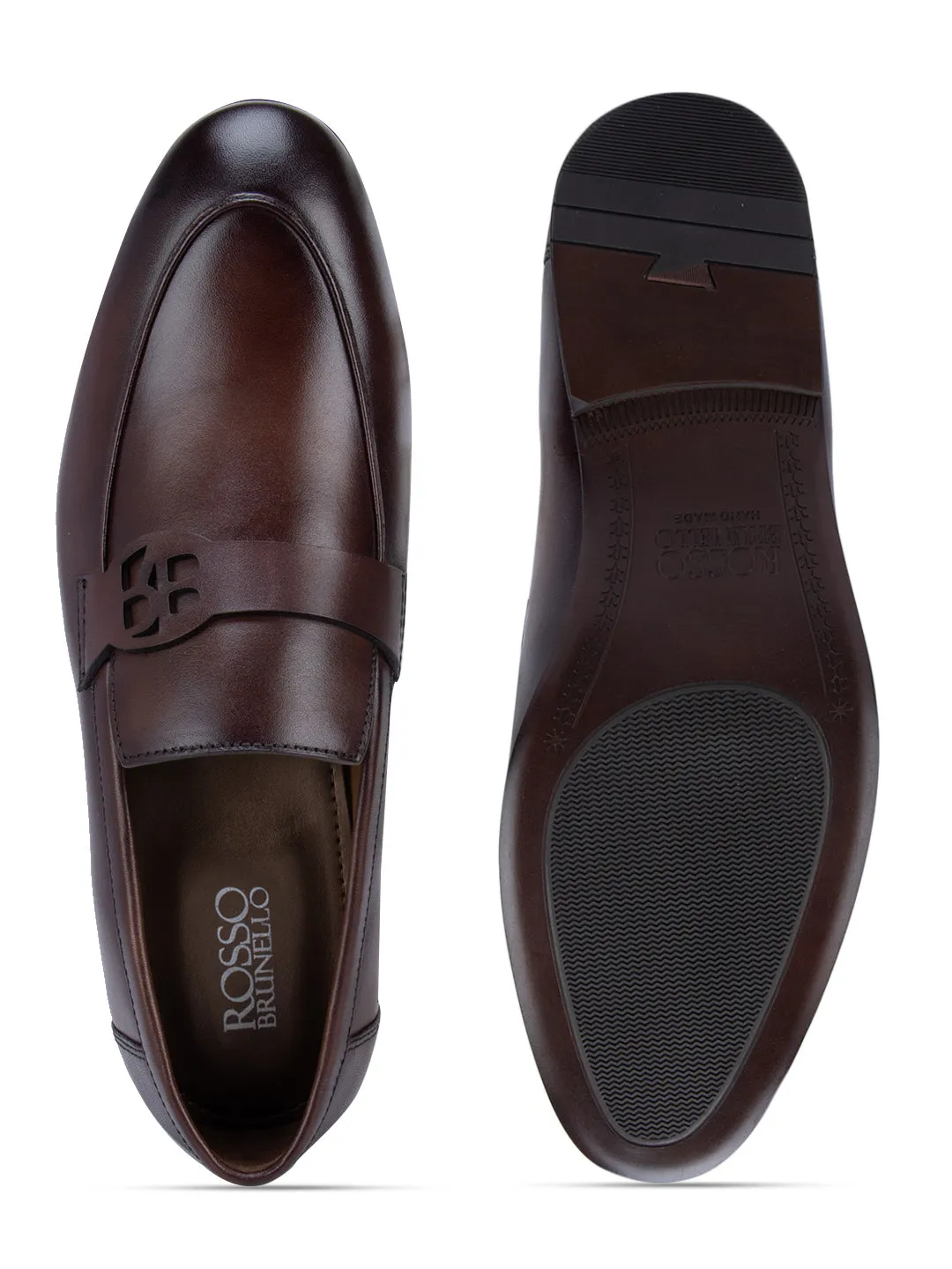Coffee Textured Loafers With Logo Strap