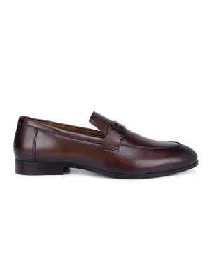Coffee Textured Loafers With Logo Strap