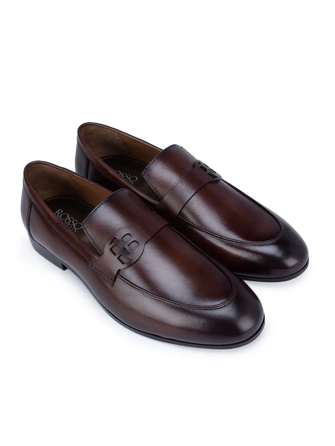 Coffee Textured Loafers With Logo Strap