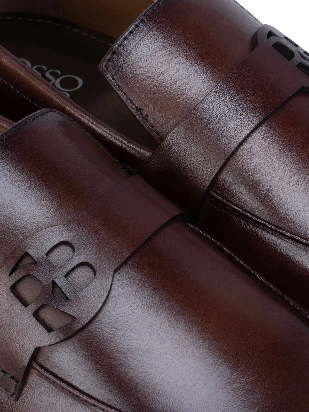 Coffee Textured Loafers With Logo Strap