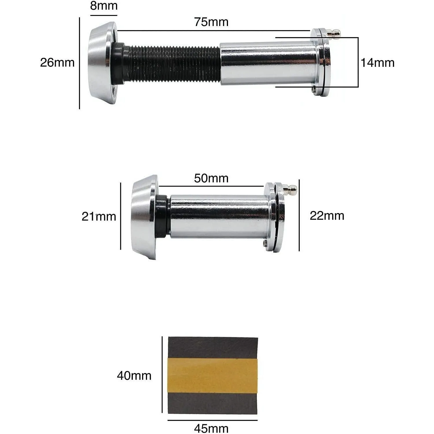 Door Viewer 200 Degree Glass Lens - 14mm Dia. - THICK 50-75mm Doors -  Polished Chrome