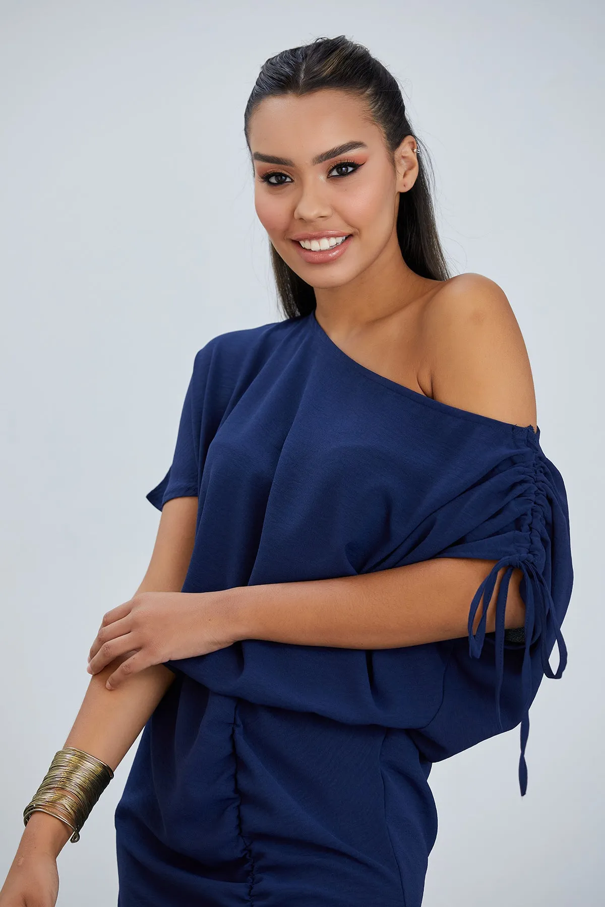 Draped Off-Shoulder Midi Dress in Deep Navy