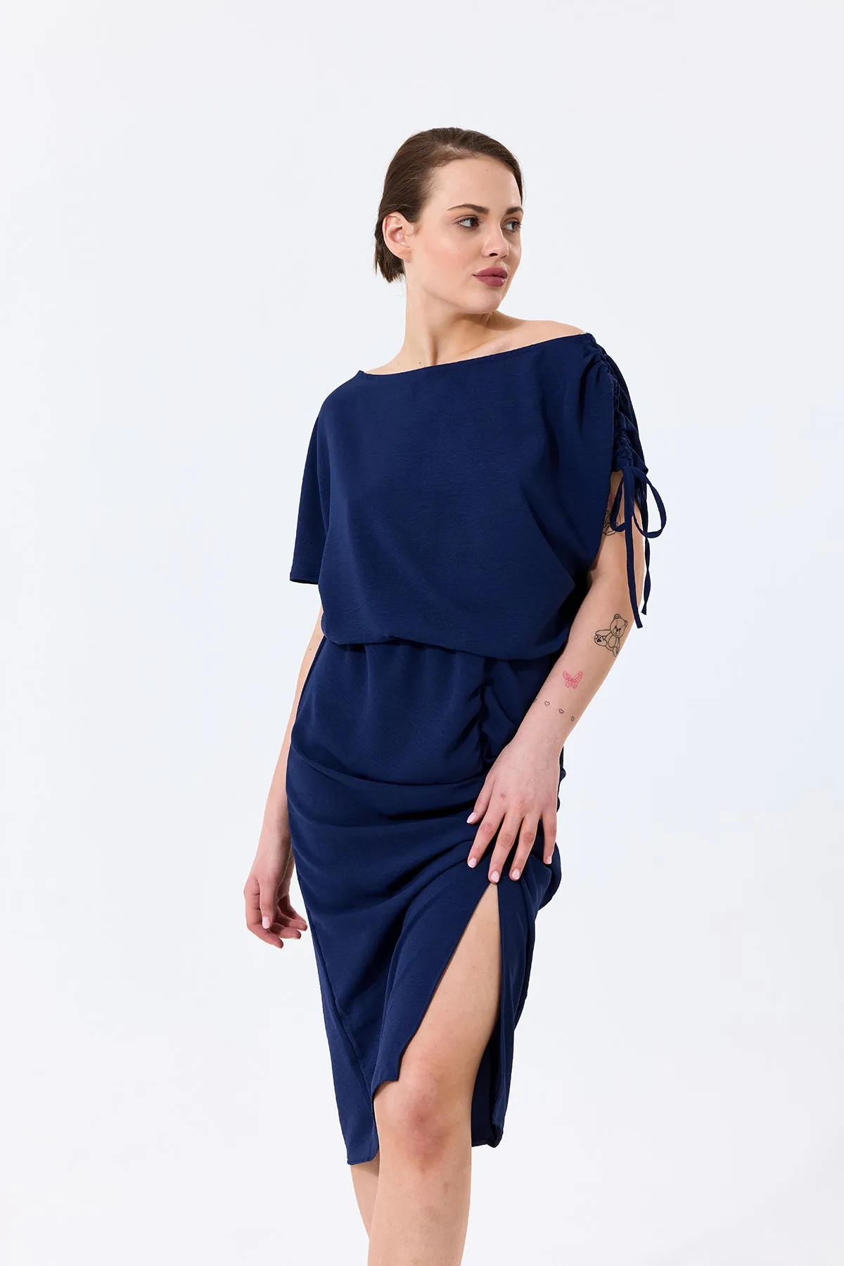 Draped Off-Shoulder Midi Dress in Deep Navy