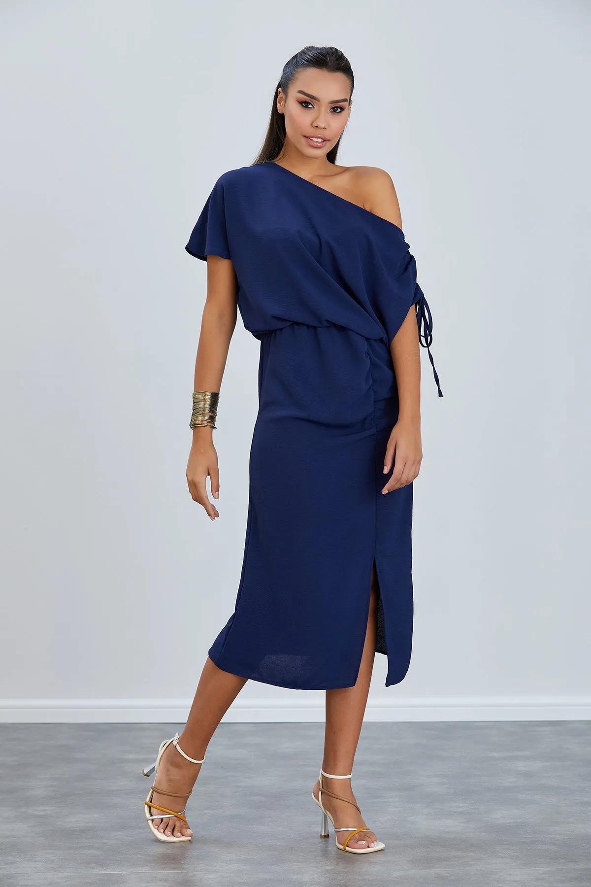 Draped Off-Shoulder Midi Dress in Deep Navy