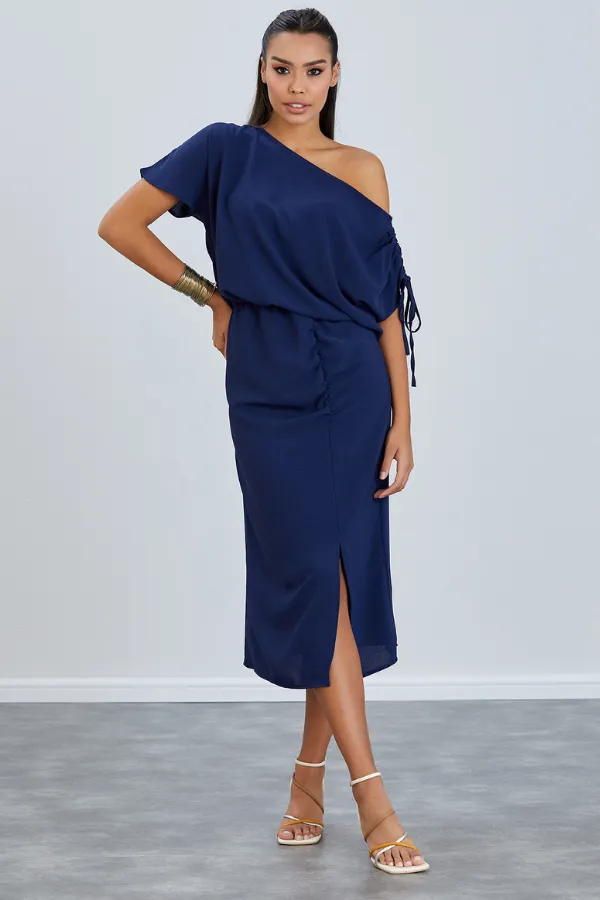 Draped Off-Shoulder Midi Dress in Deep Navy