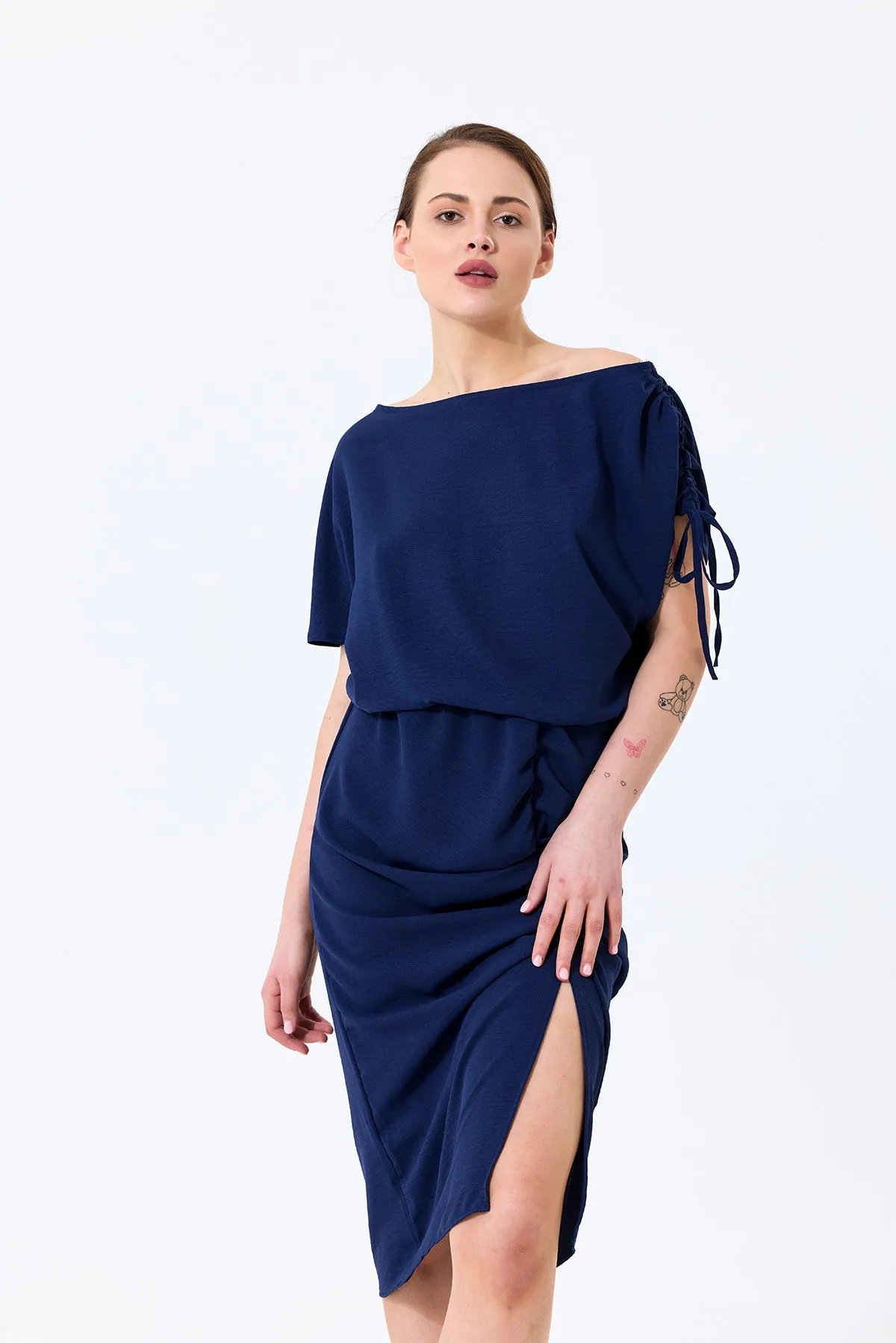Draped Off-Shoulder Midi Dress in Deep Navy