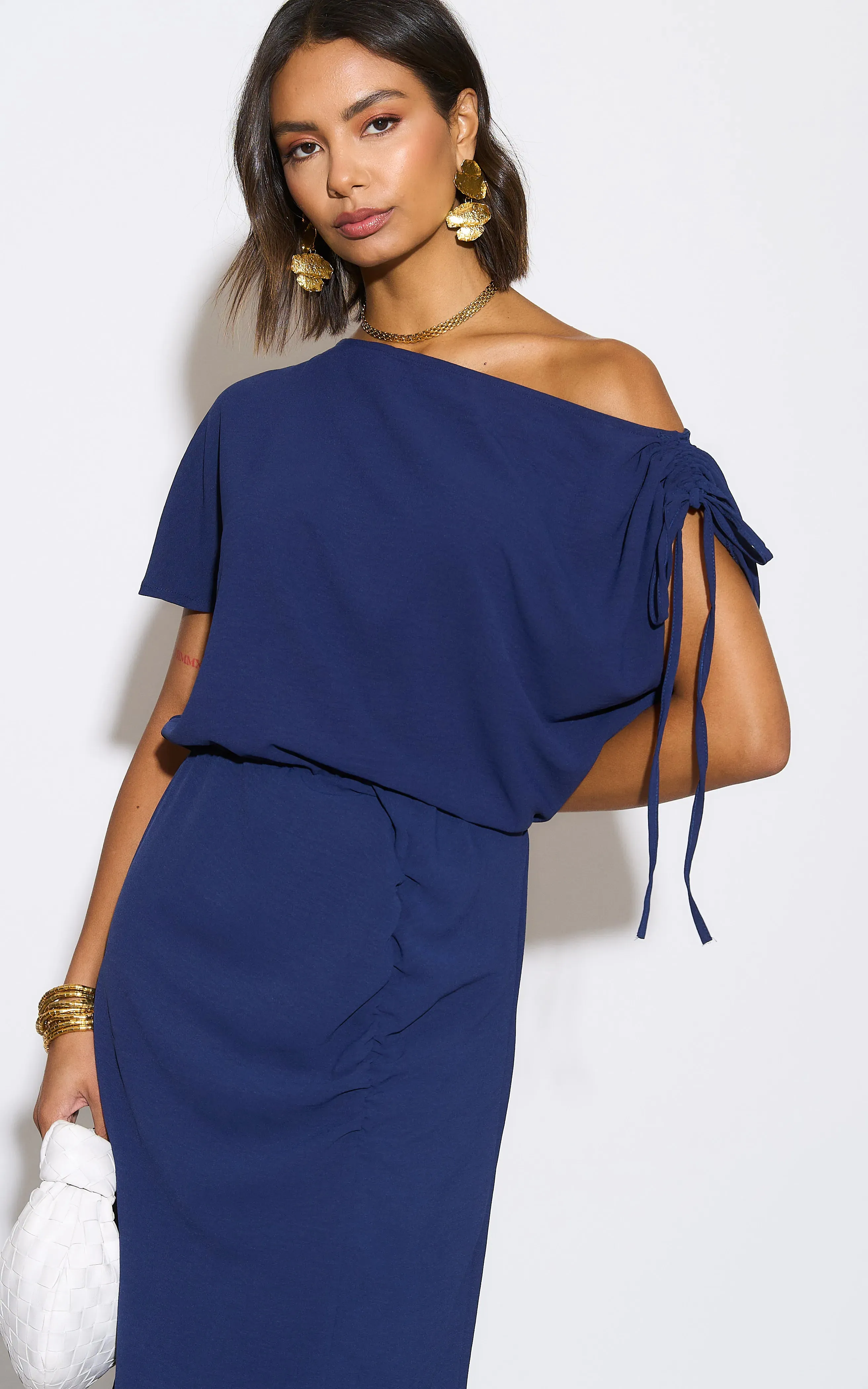 Draped Off-Shoulder Midi Dress in Deep Navy