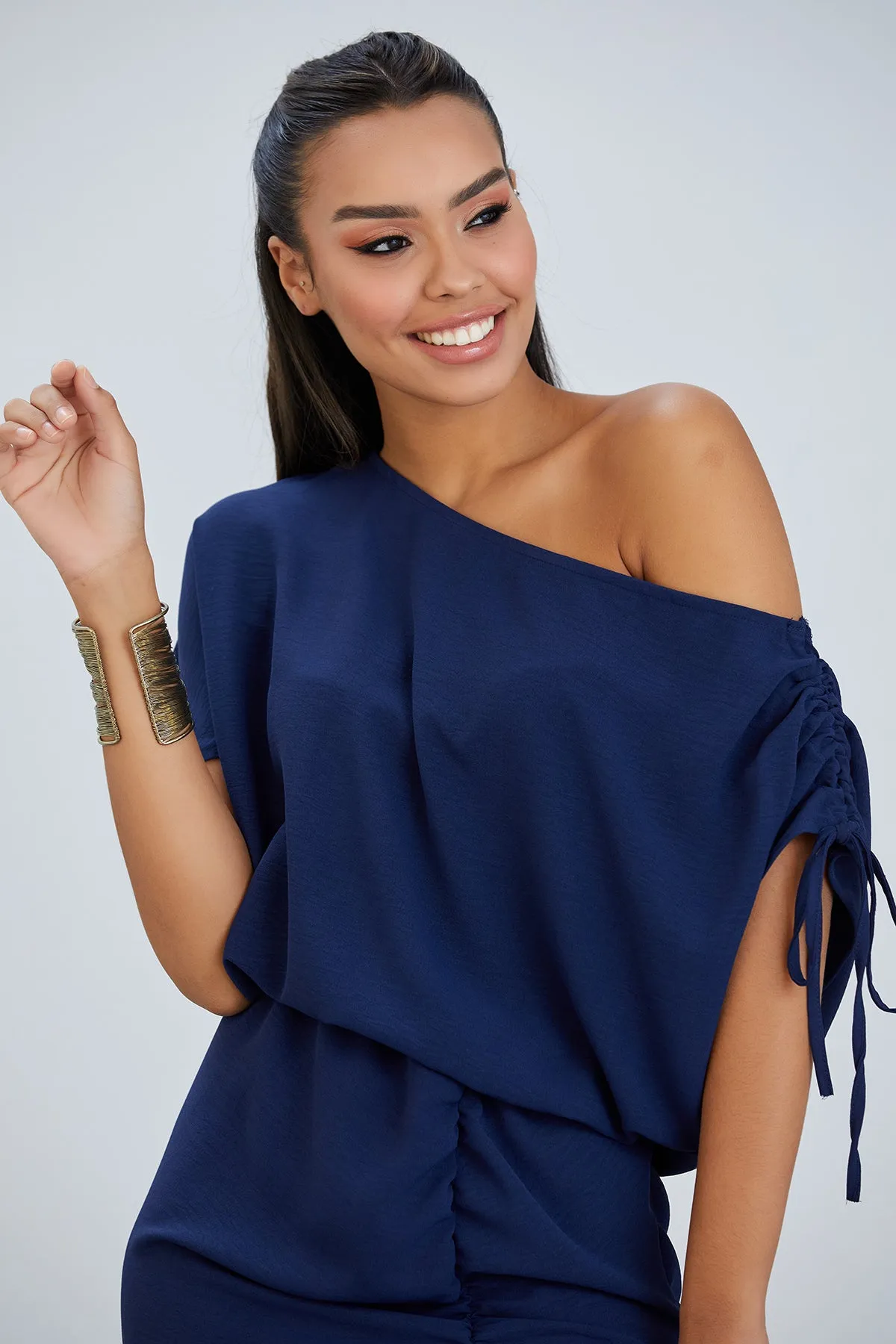 Draped Off-Shoulder Midi Dress in Deep Navy