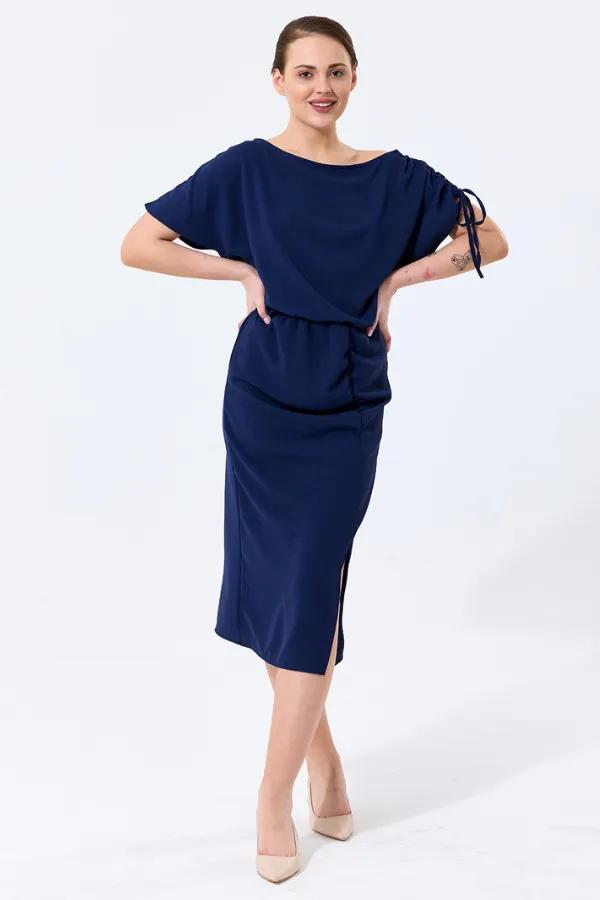 Draped Off-Shoulder Midi Dress in Deep Navy