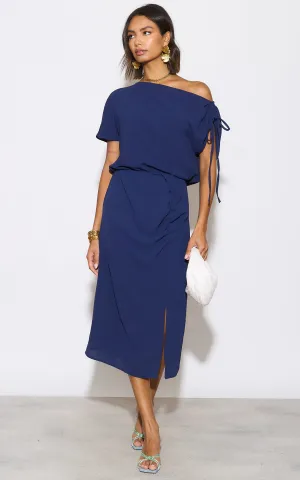 Draped Off-Shoulder Midi Dress in Deep Navy