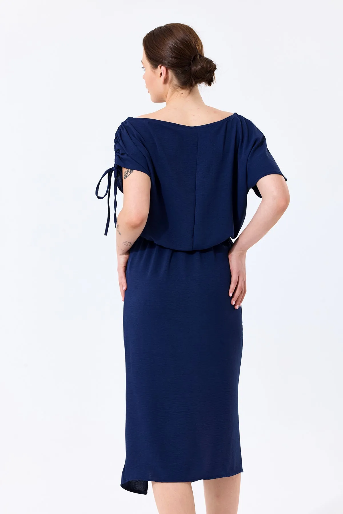 Draped Off-Shoulder Midi Dress in Deep Navy