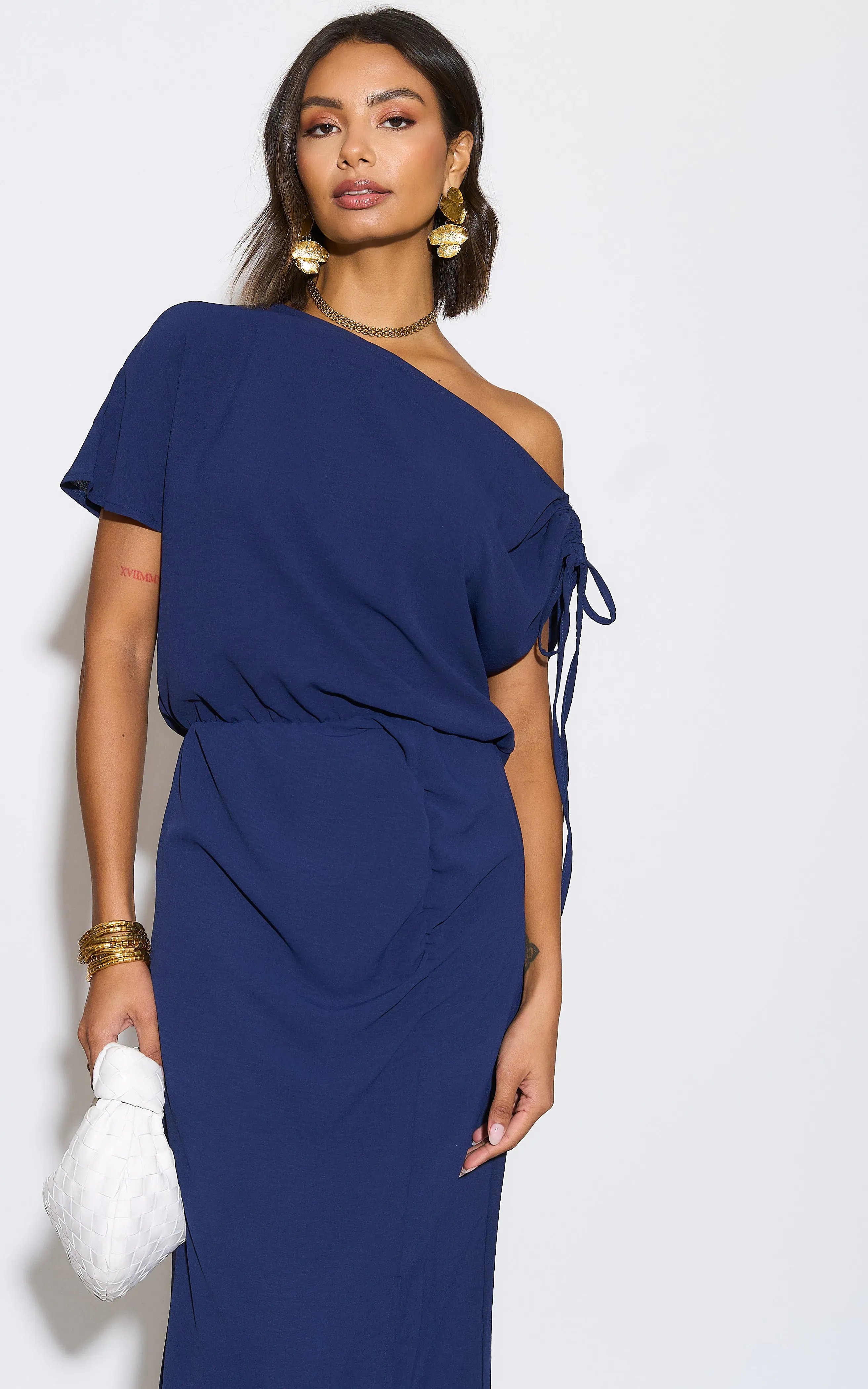 Draped Off-Shoulder Midi Dress in Deep Navy
