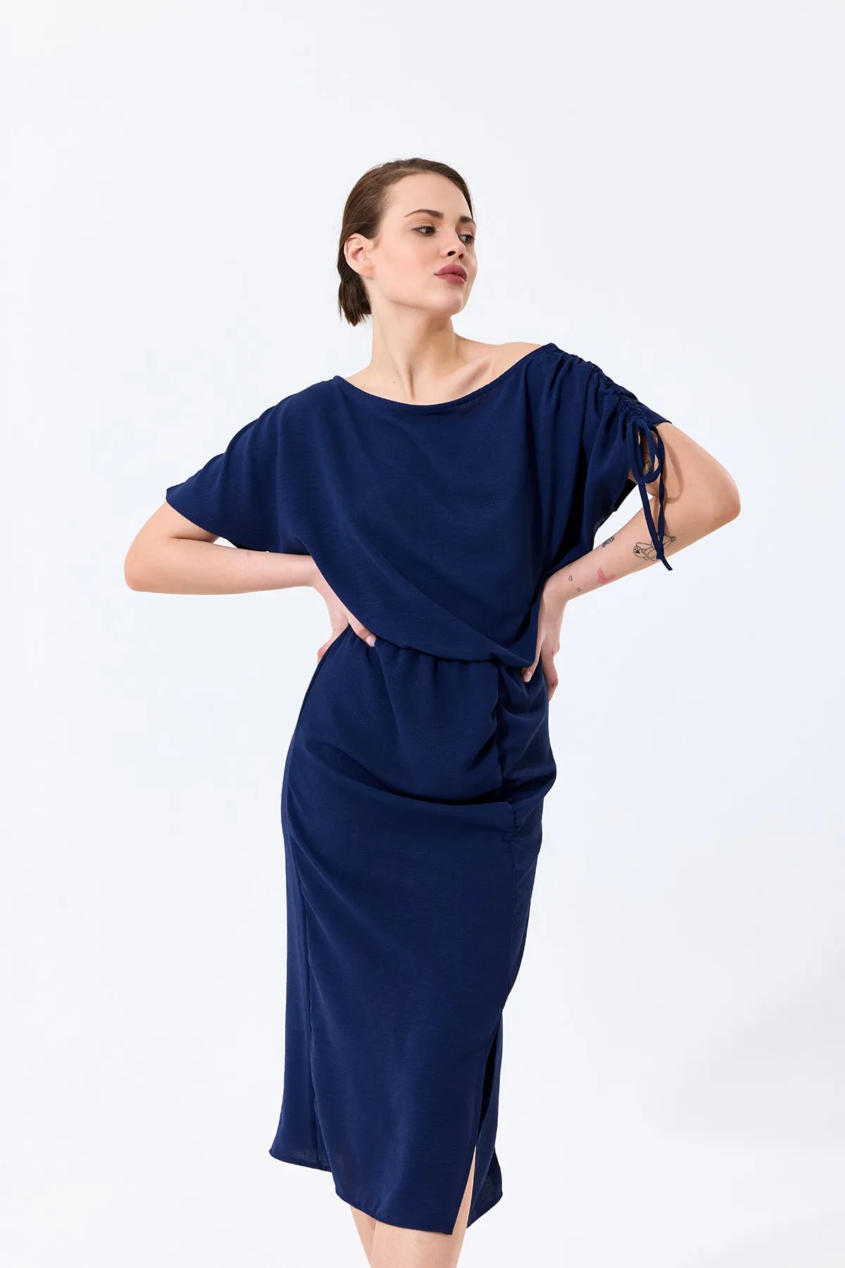 Draped Off-Shoulder Midi Dress in Deep Navy