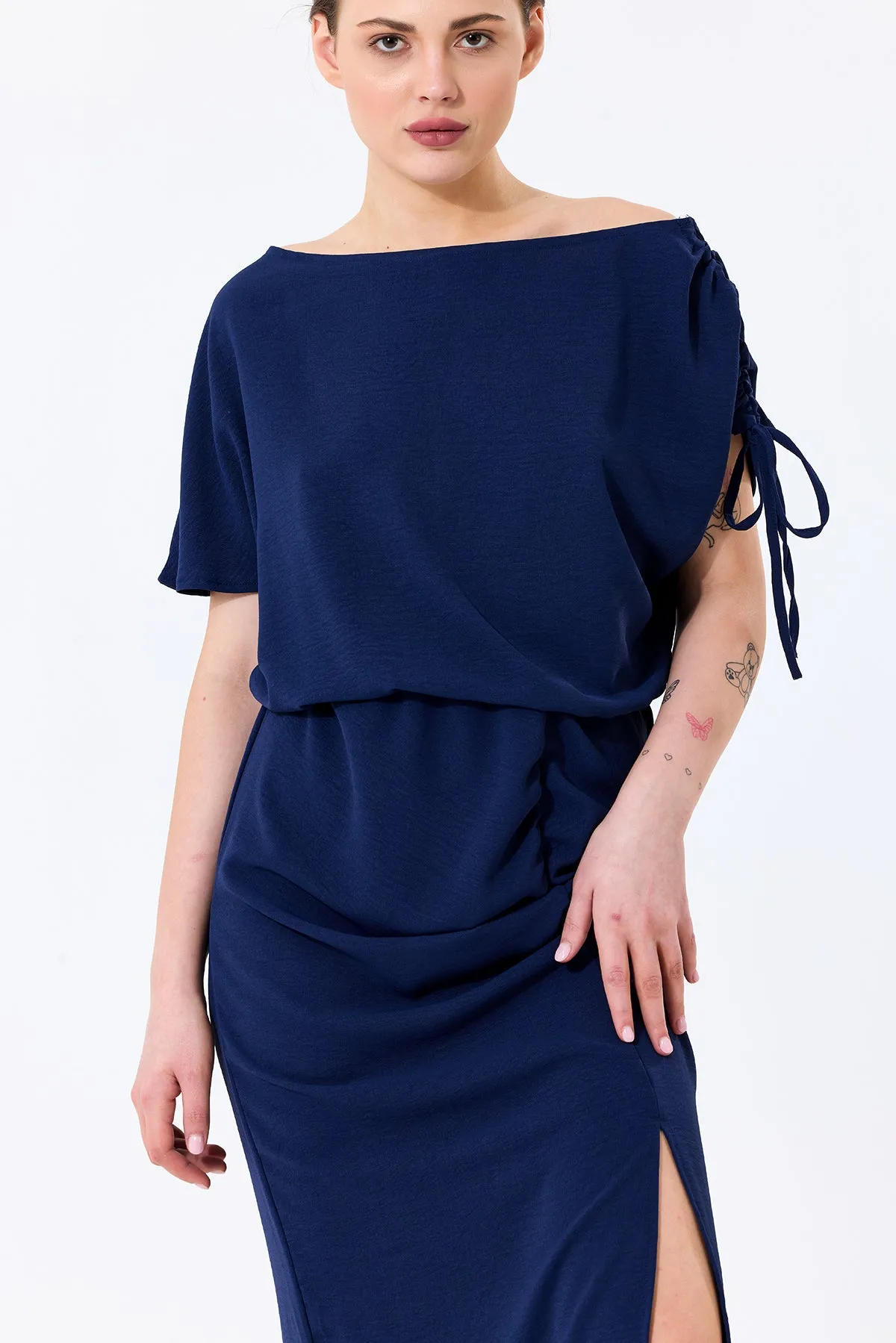 Draped Off-Shoulder Midi Dress in Deep Navy