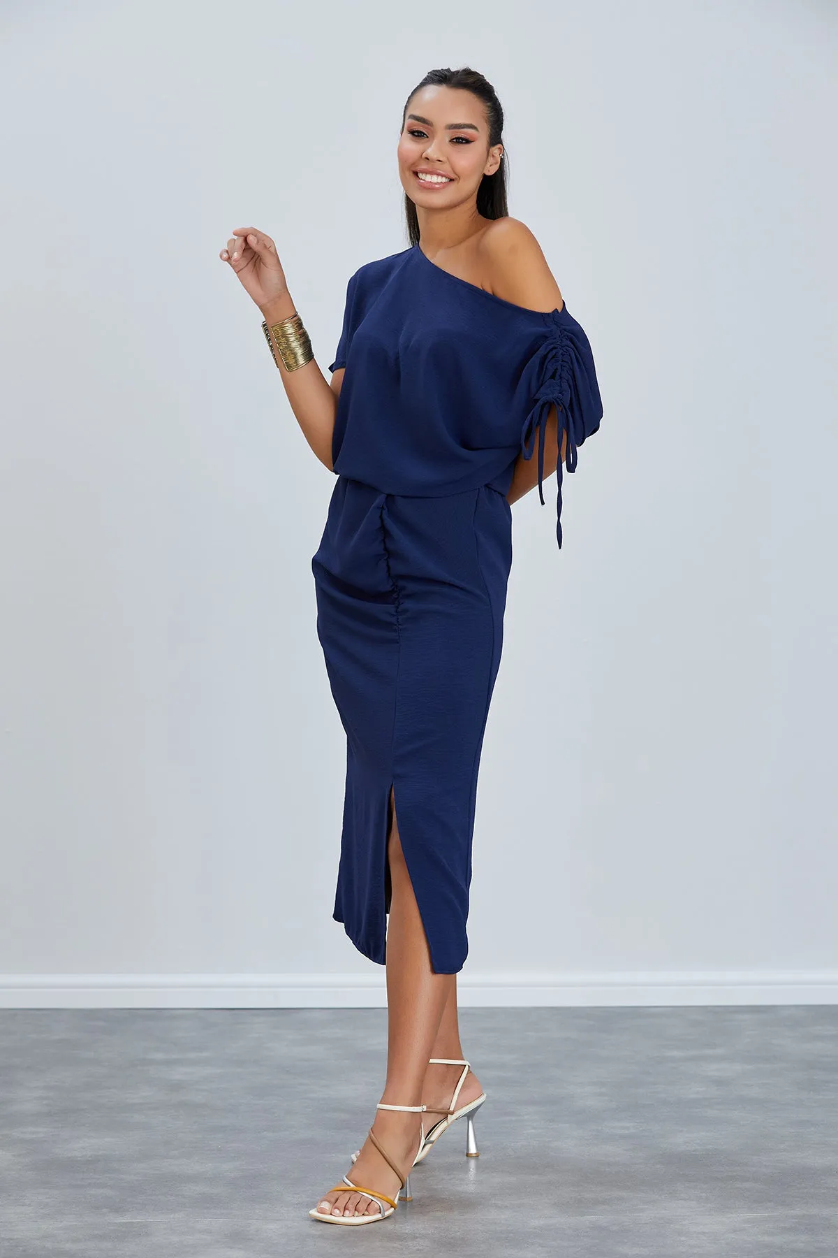 Draped Off-Shoulder Midi Dress in Deep Navy