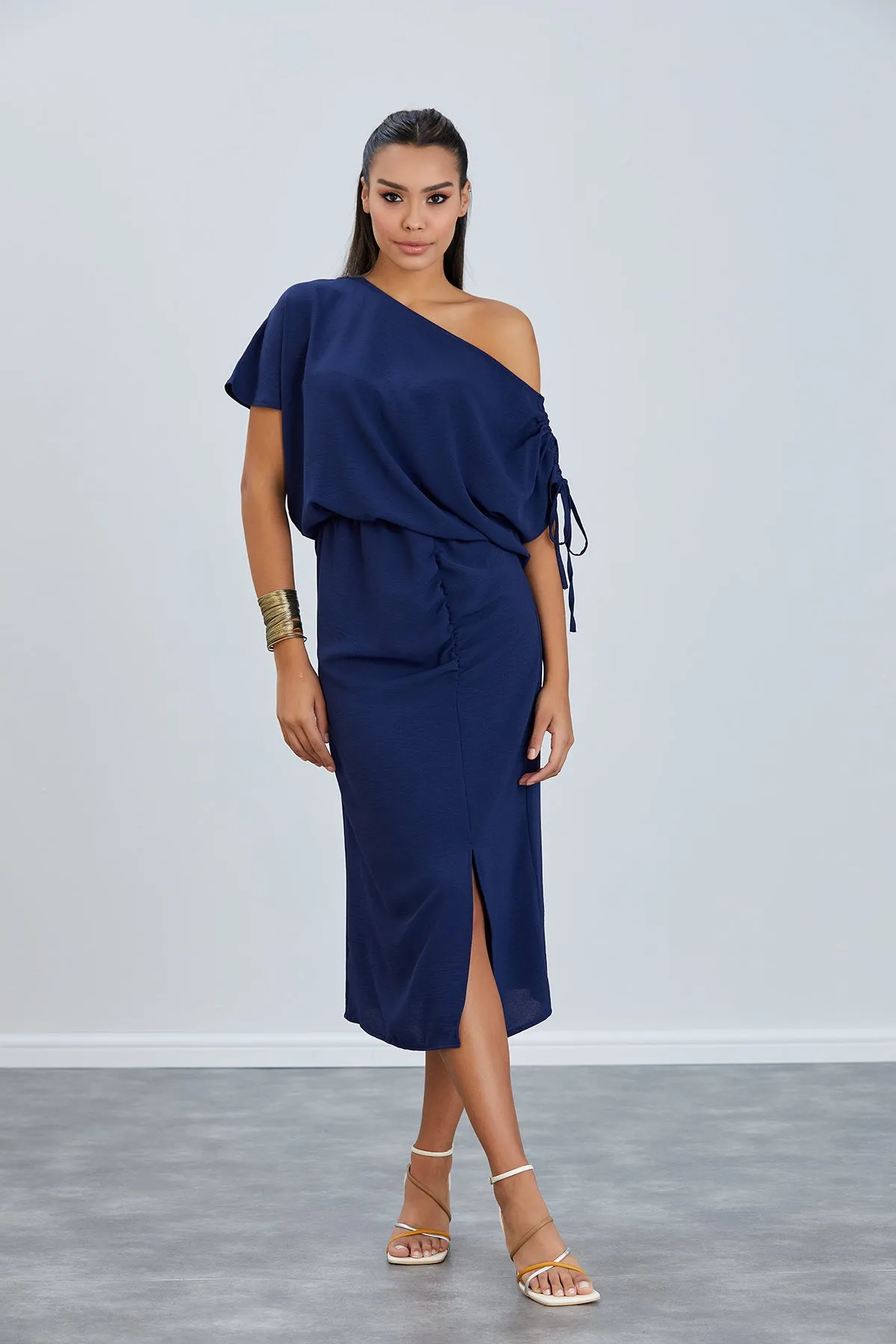 Draped Off-Shoulder Midi Dress in Deep Navy