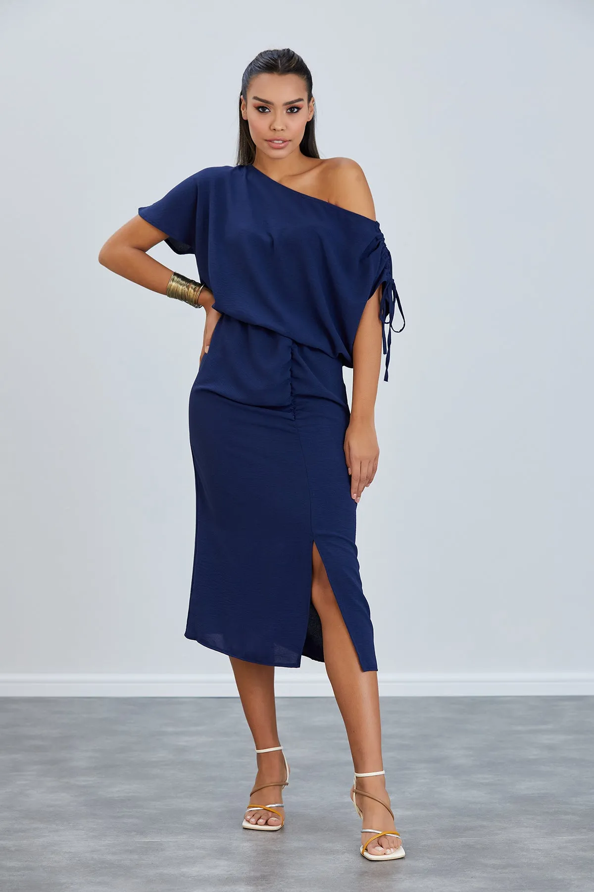 Draped Off-Shoulder Midi Dress in Deep Navy