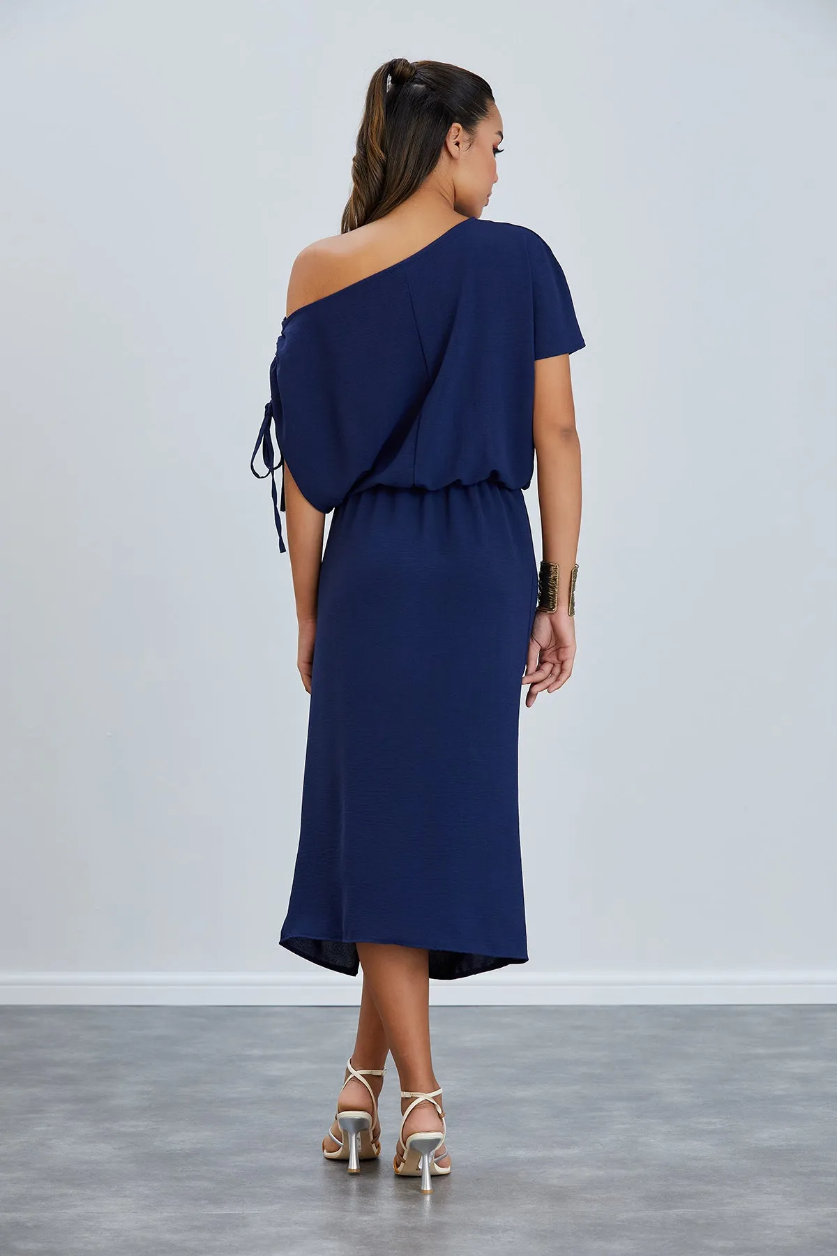 Draped Off-Shoulder Midi Dress in Deep Navy