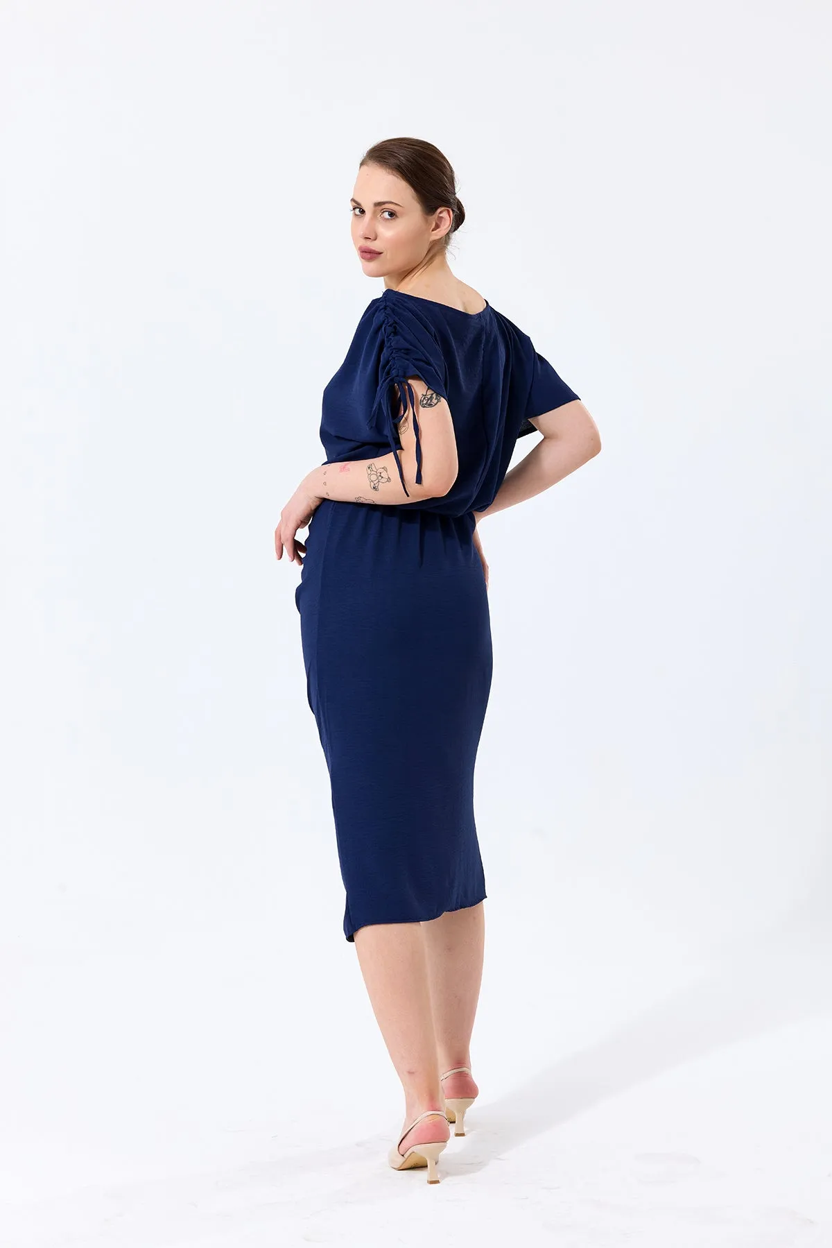 Draped Off-Shoulder Midi Dress in Deep Navy