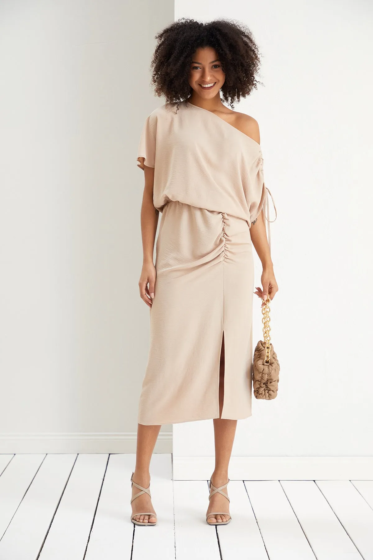 Draped Off-Shoulder Midi Dress in Soft Beige