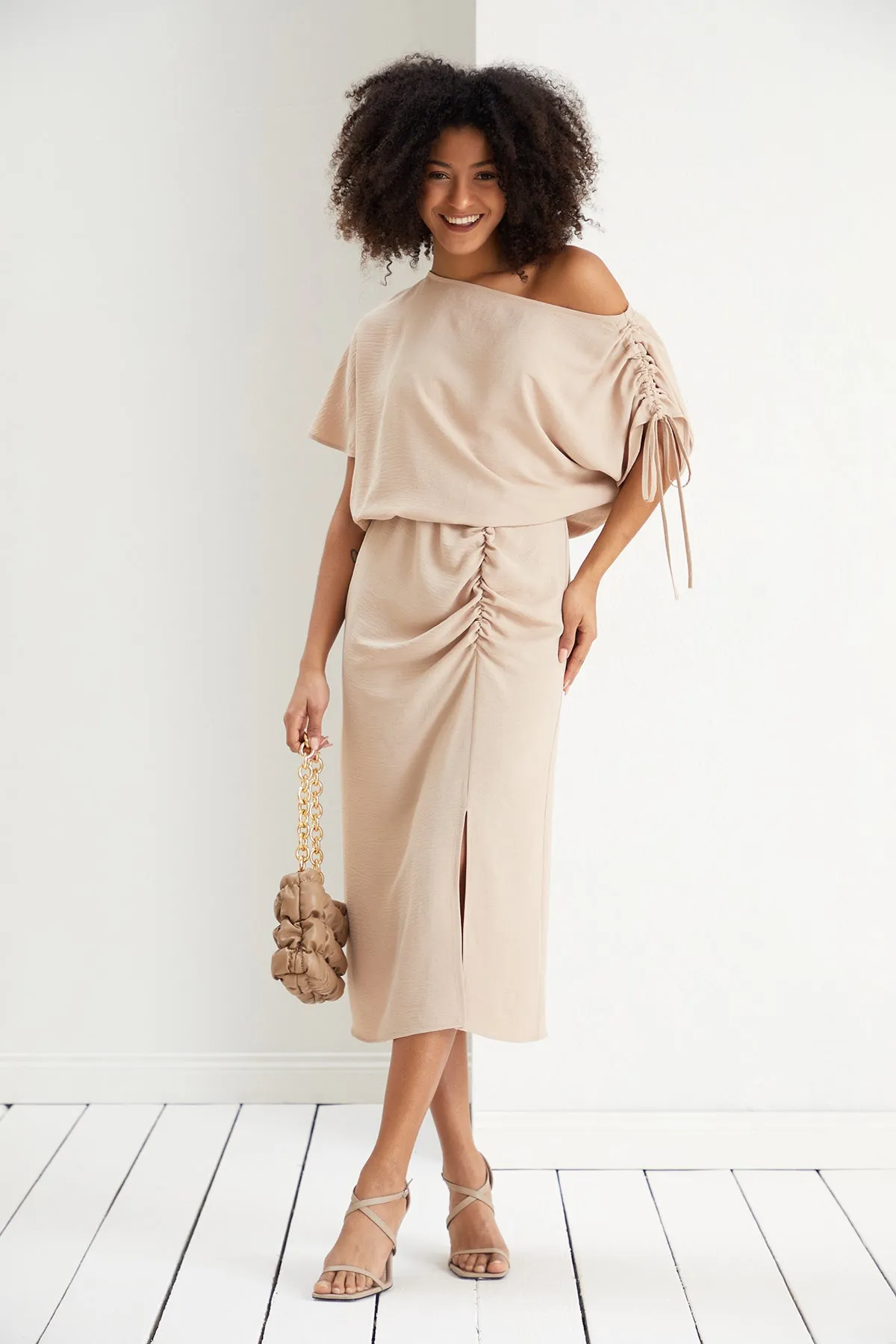 Draped Off-Shoulder Midi Dress in Soft Beige