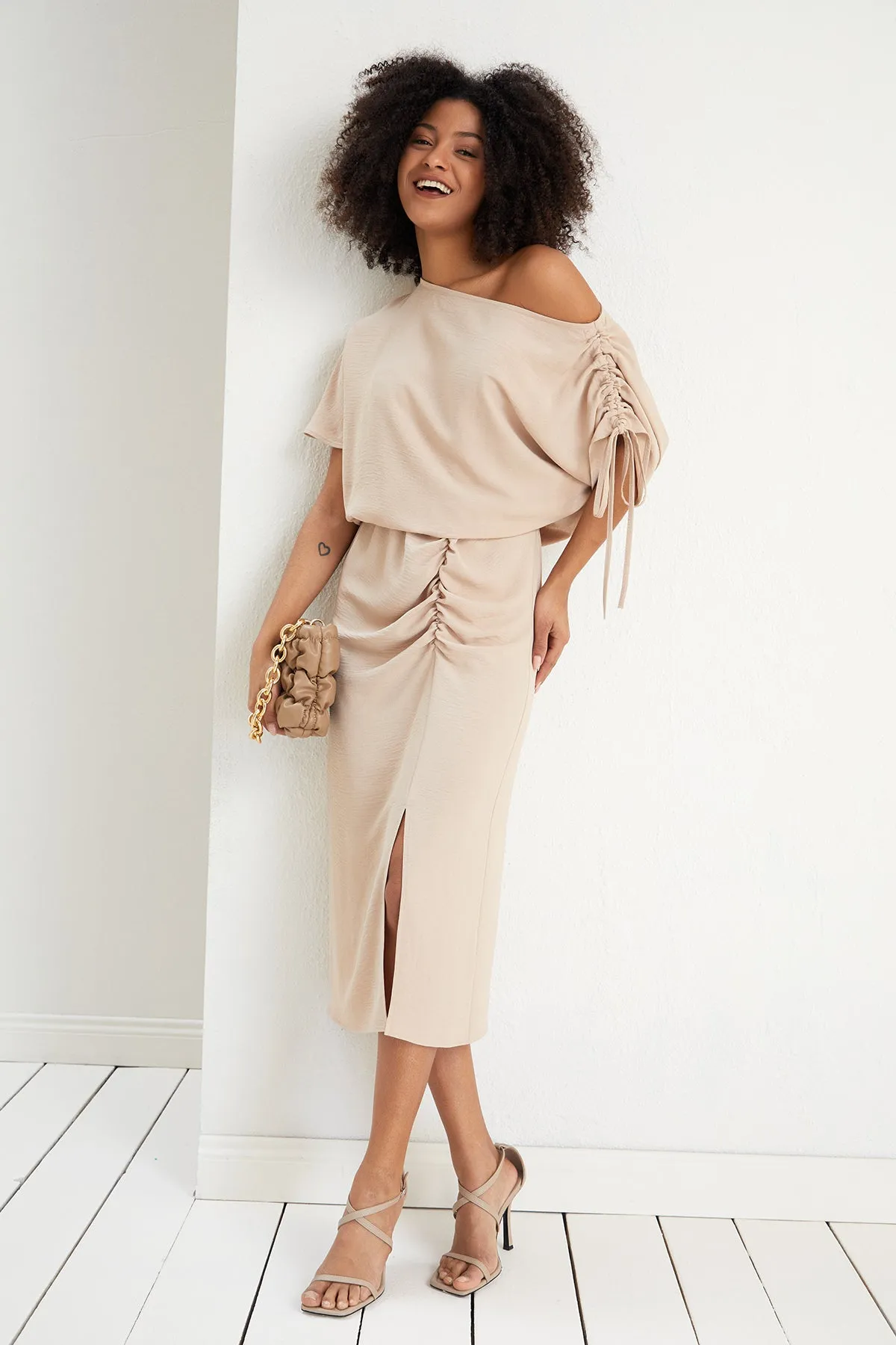 Draped Off-Shoulder Midi Dress in Soft Beige