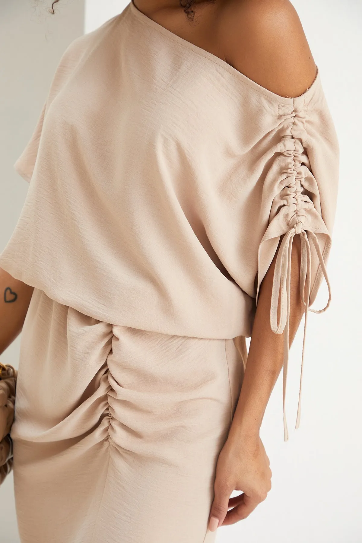 Draped Off-Shoulder Midi Dress in Soft Beige