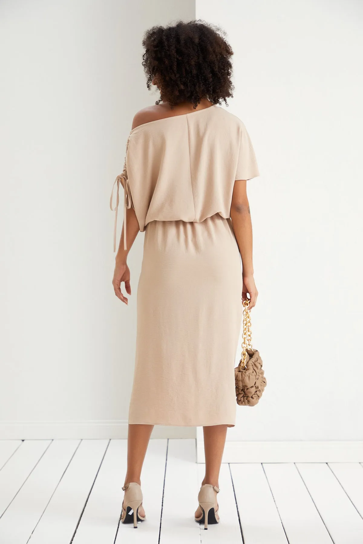 Draped Off-Shoulder Midi Dress in Soft Beige