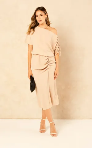 Draped Off-Shoulder Midi Dress in Soft Beige