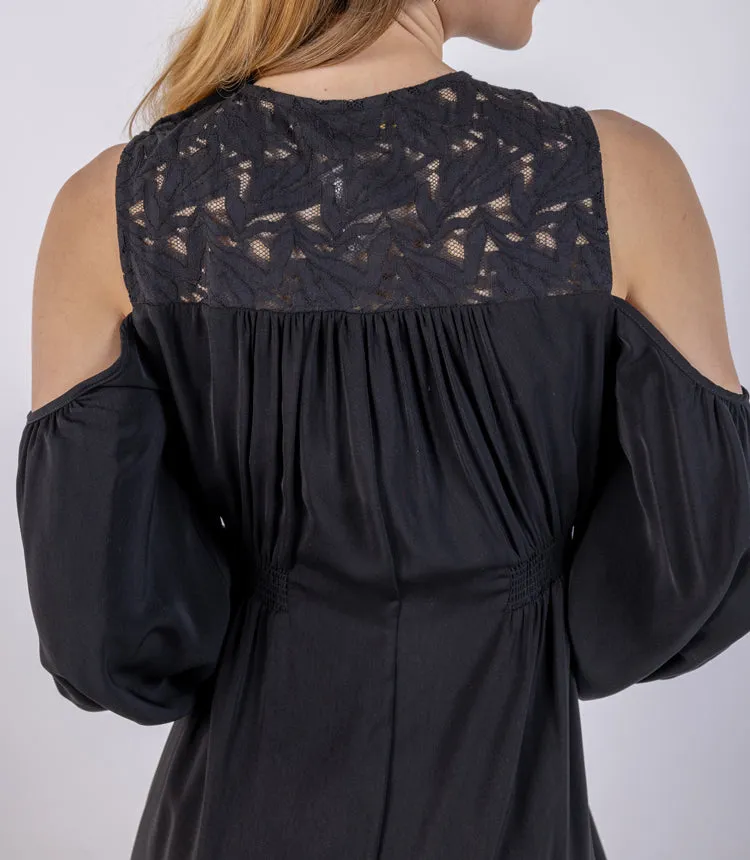 Elegant Cold-Shoulder Midi Dress with Lace Detailing
