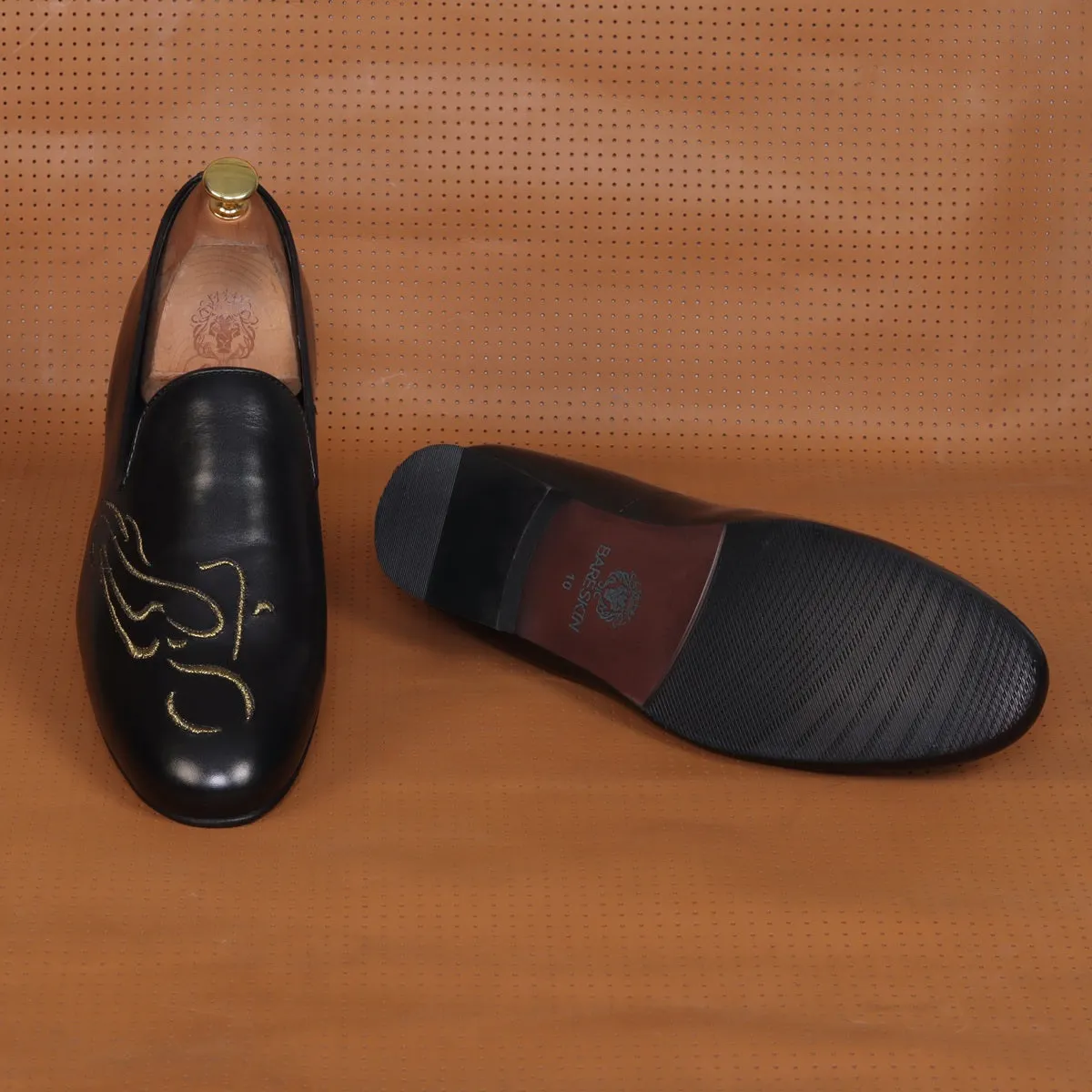 Embroidered Golden Bike Black Genuine Leather Slip-On Shoe By Brune & Bareskin