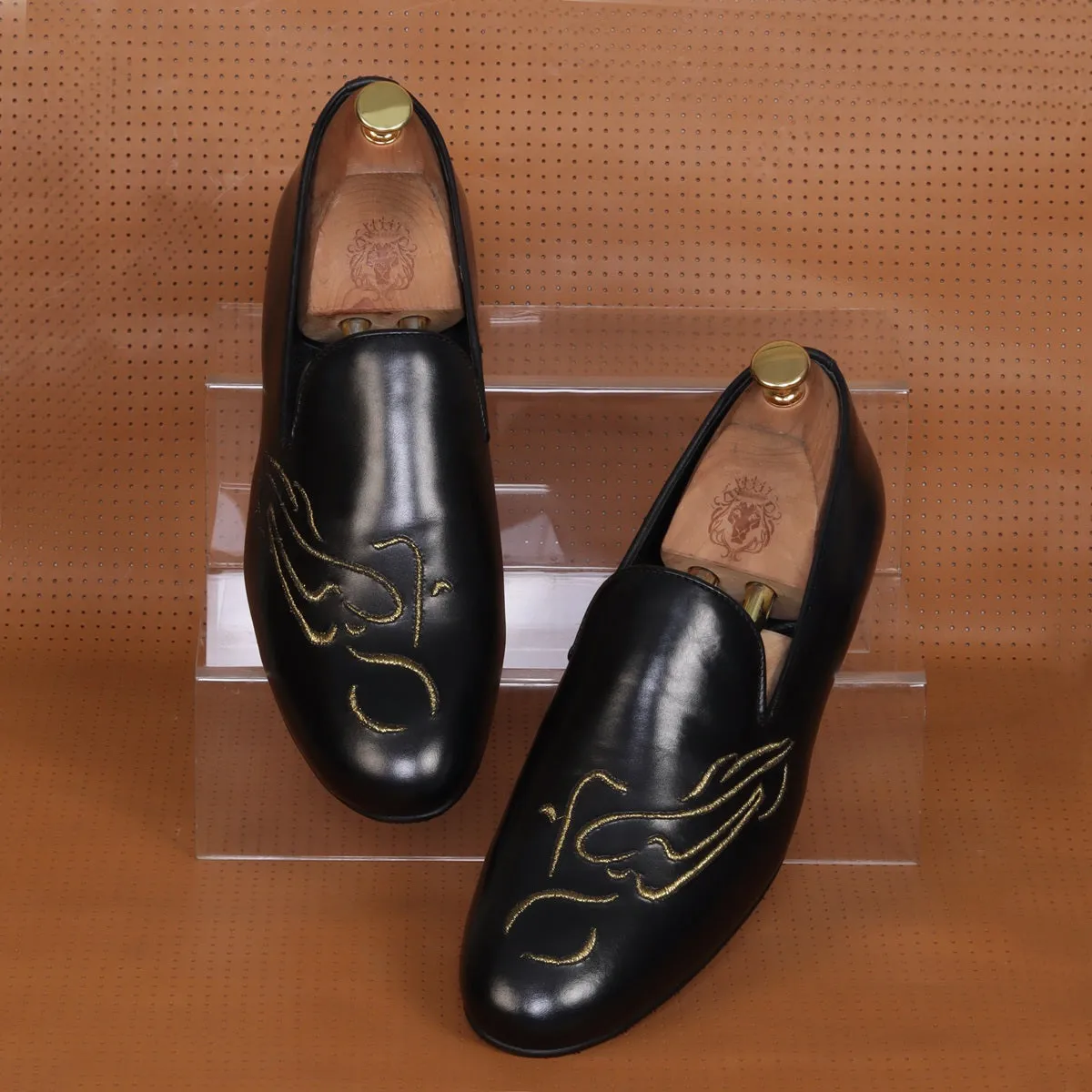 Embroidered Golden Bike Black Genuine Leather Slip-On Shoe By Brune & Bareskin