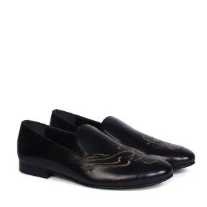 Embroidered Golden Bike Black Genuine Leather Slip-On Shoe By Brune & Bareskin