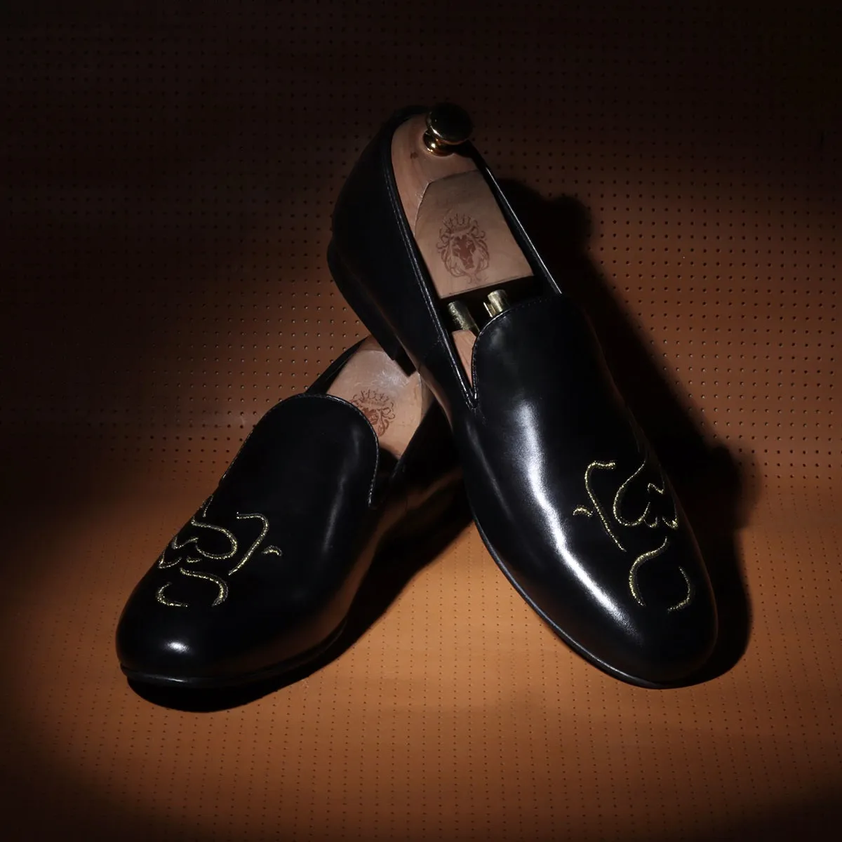 Embroidered Golden Bike Black Genuine Leather Slip-On Shoe By Brune & Bareskin
