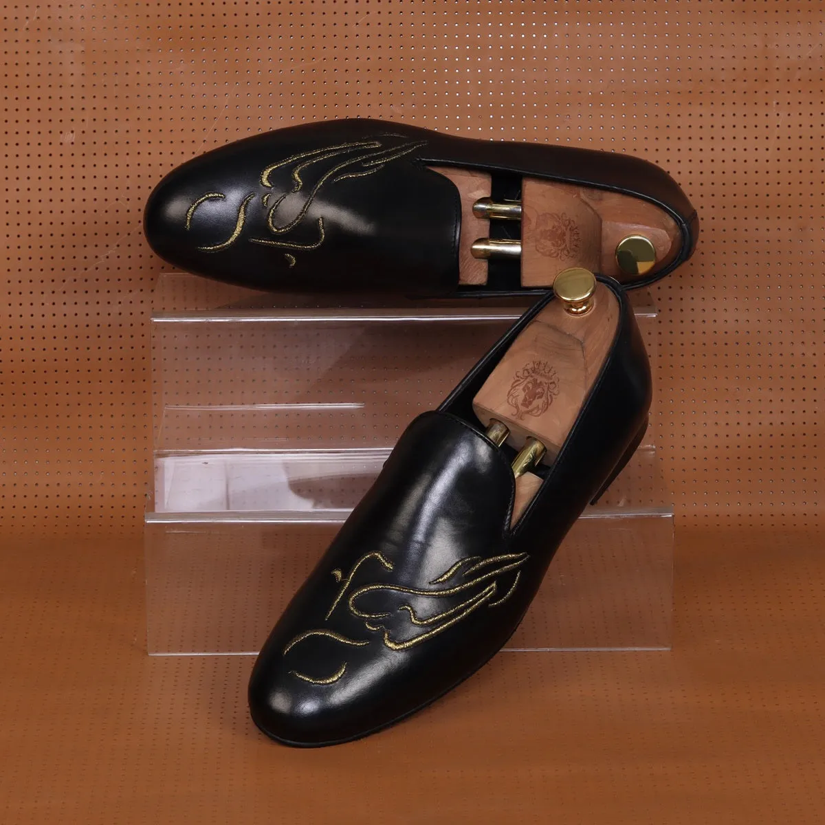 Embroidered Golden Bike Black Genuine Leather Slip-On Shoe By Brune & Bareskin