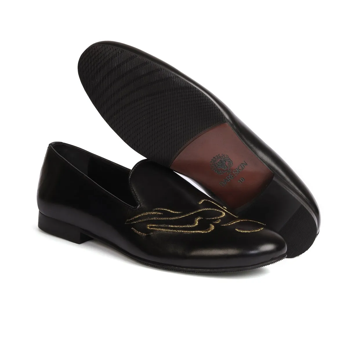 Embroidered Golden Bike Black Genuine Leather Slip-On Shoe By Brune & Bareskin