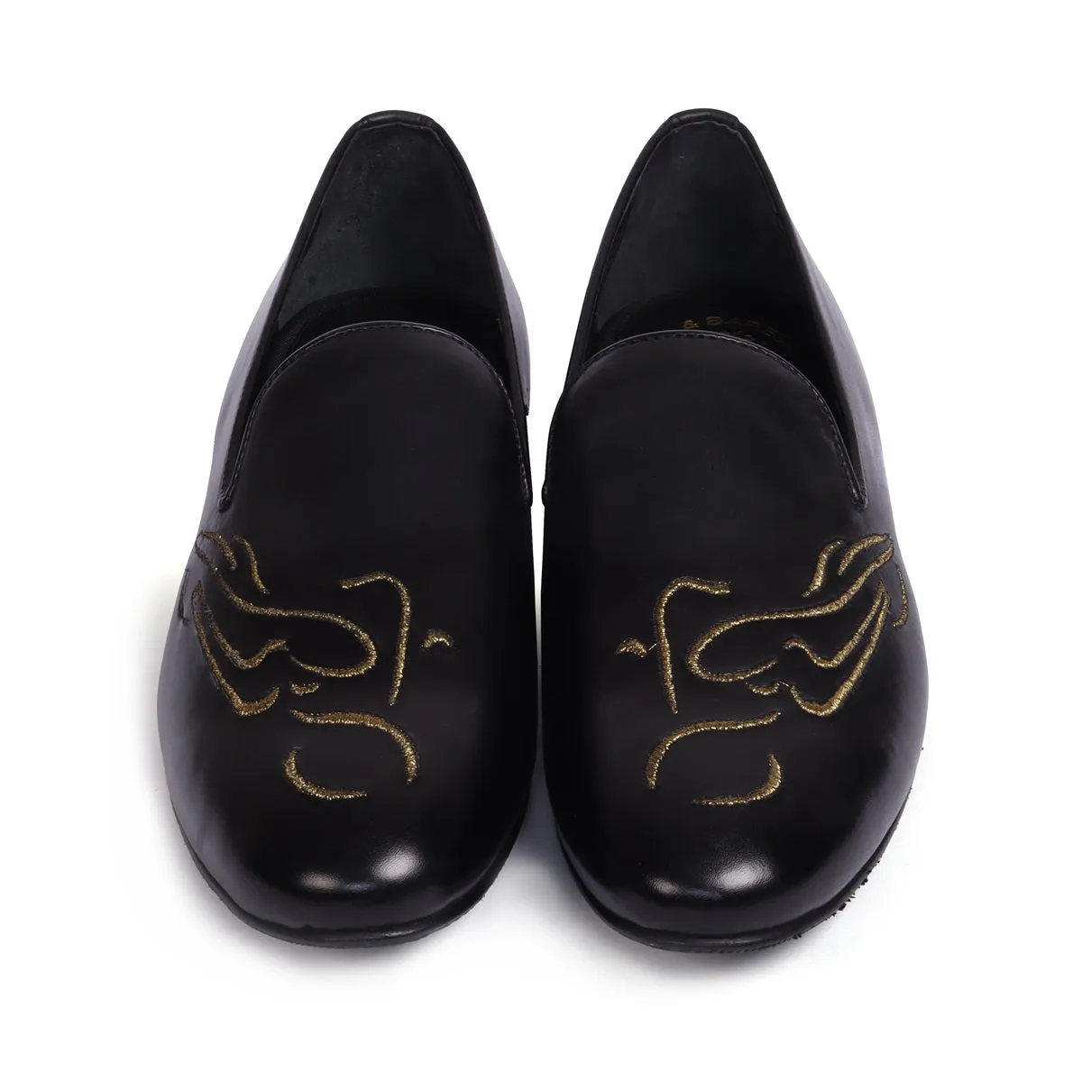 Embroidered Golden Bike Black Genuine Leather Slip-On Shoe By Brune & Bareskin